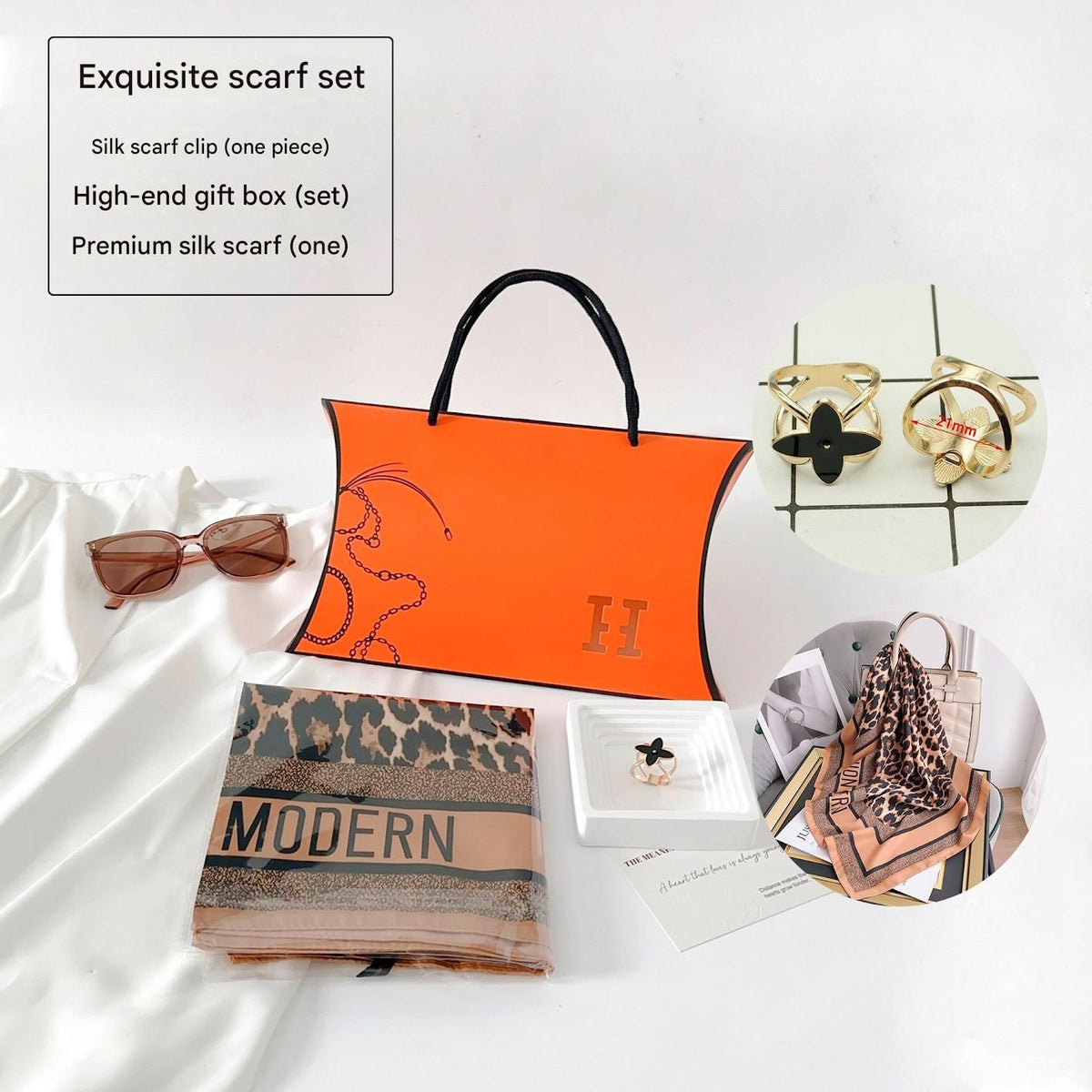 Leopard Print Style Korean Design 70x70cm Imitation Silk Scarf Gift Set for Women - Fashionable Square Scarf with Scarf Ring &amp; Luxury Gift Box, Versatile Neck Scarf for Mum, Grandma, Ladies - Ideal Gift for Mother's Day, Birthday, Anniversary