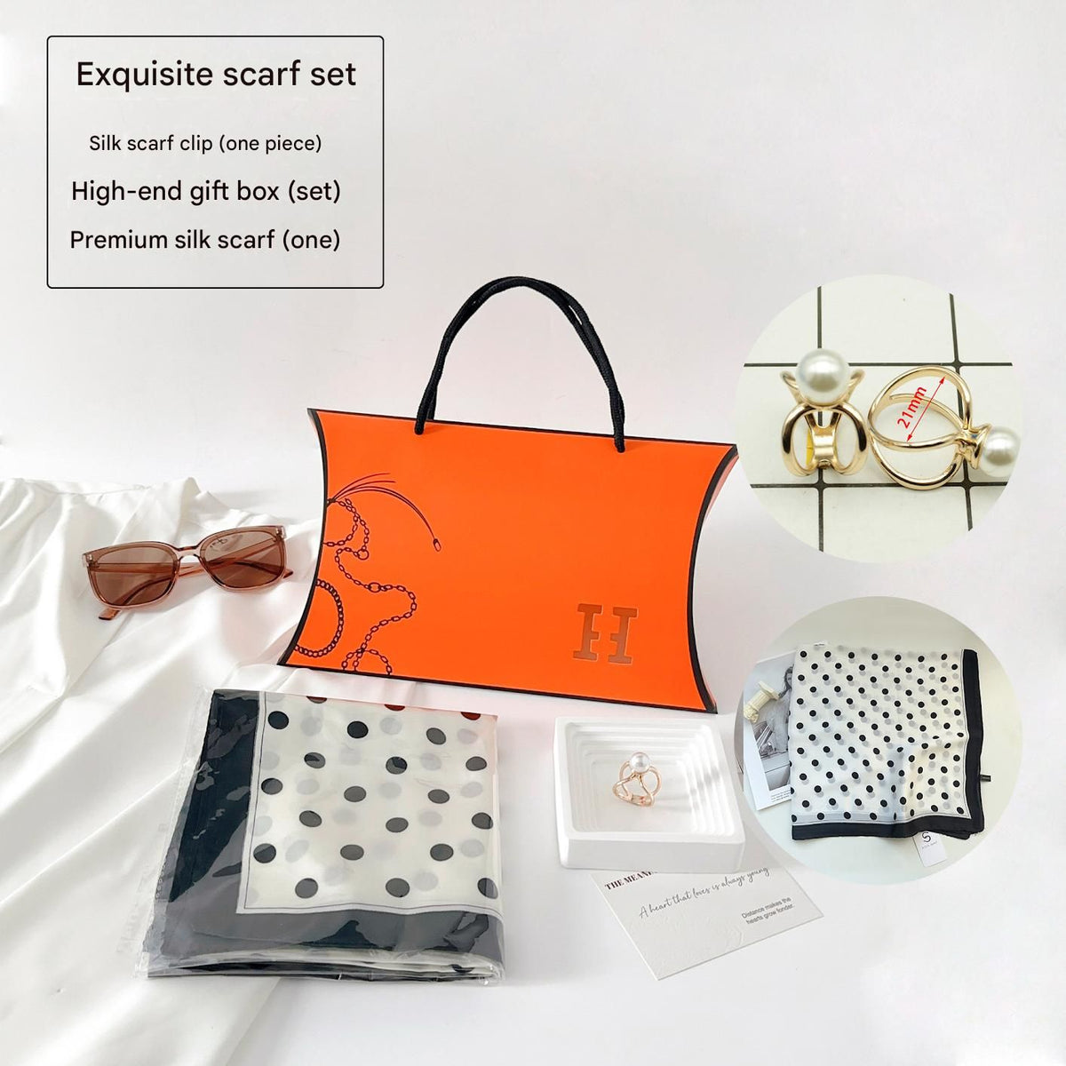 Black Polka-Dot Style Korean Design 70x70cm Imitation Silk Scarf Gift Set for Women - Fashionable Square Scarf with Scarf Ring &amp; Luxury Gift Box, Versatile Neck Scarf for Mum, Grandma, Ladies - Ideal Gift for Mother's Day, Birthday, Anniversary