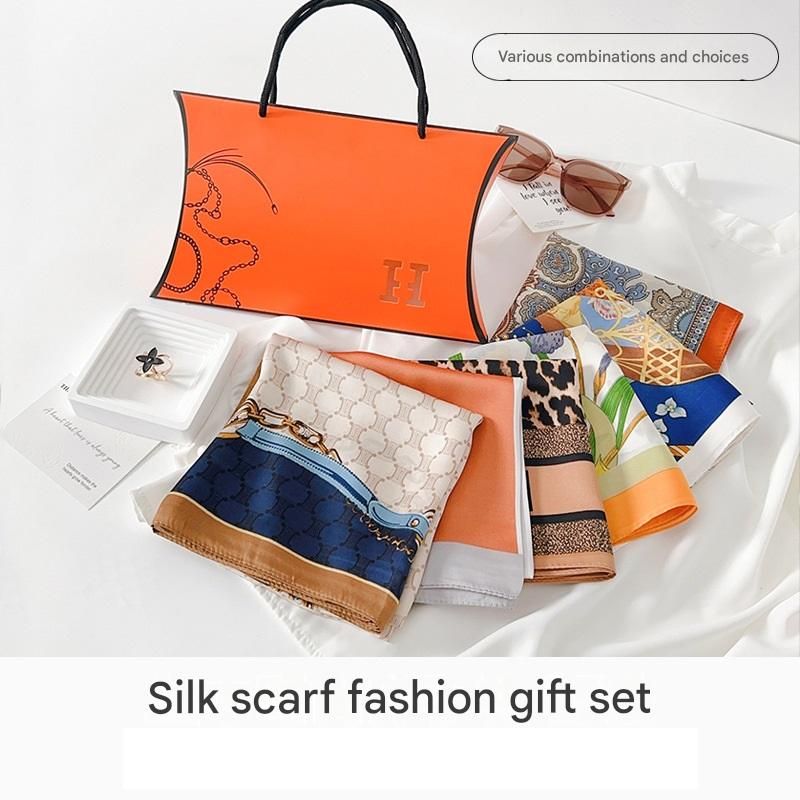 Black Polka-Dot Style Korean Design 70x70cm Imitation Silk Scarf Gift Set for Women - Fashionable Square Scarf with Scarf Ring & Luxury Gift Box, Versatile Neck Scarf for Mum, Grandma, Ladies - Ideal Gift for Mother's Day, Birthday, Anniversary