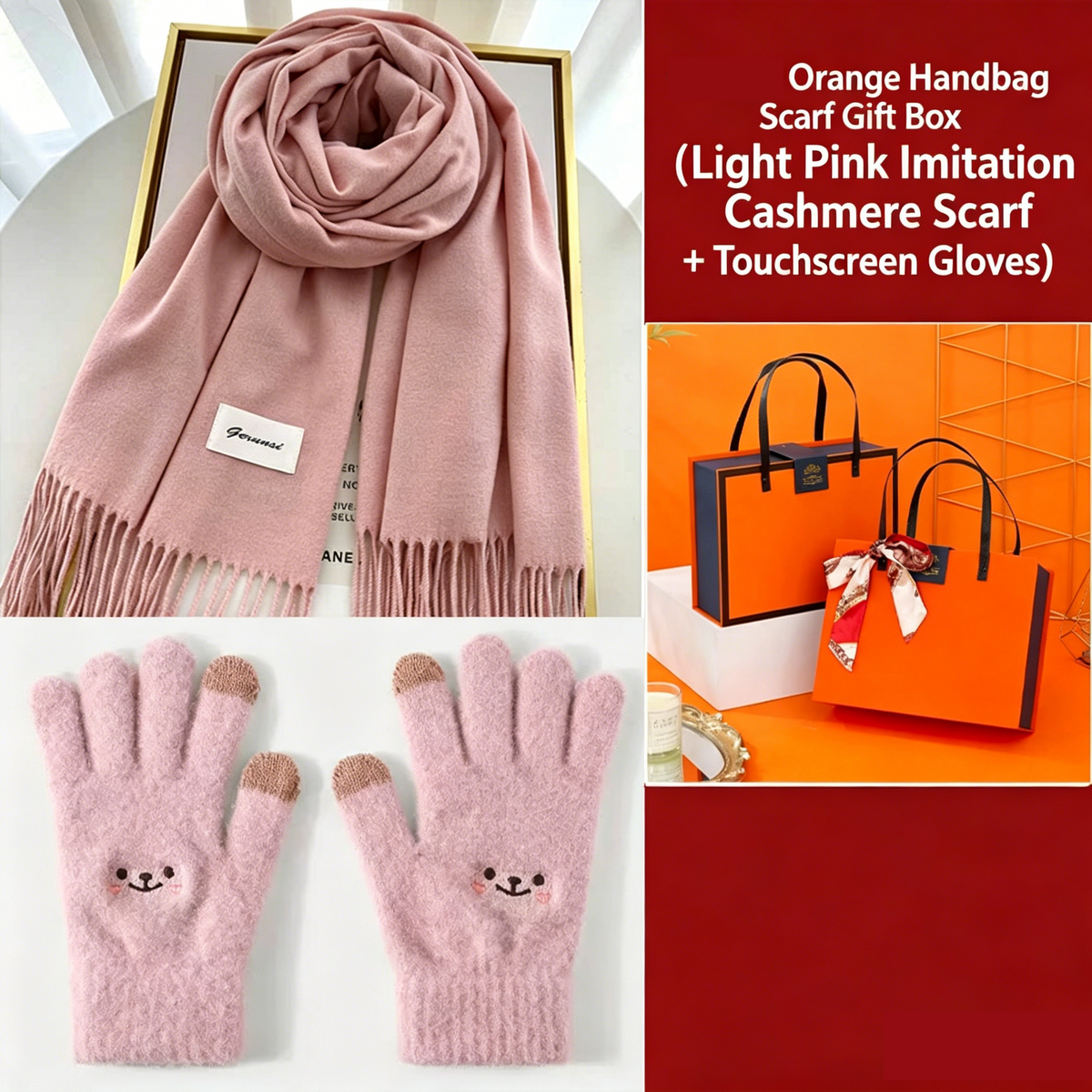 Pink Winter Cashmere-Like Scarf and Gloves Gift Set for Women - Solid Color Tassel Warm Neck Wrap with Touchscreen Knit Mittens, Premium Gift Box - Birthday &amp; Holiday Present
