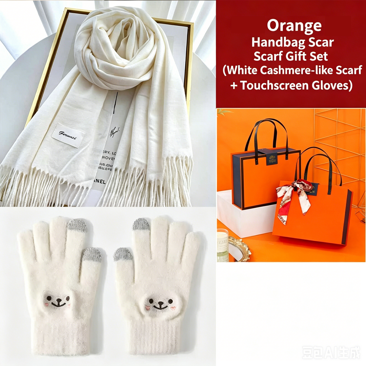 White Winter Cashmere-Like Scarf and Gloves Gift Set for Women - Solid Color Tassel Warm Neck Wrap with Touchscreen Knit Mittens, Premium Gift Box - Birthday &amp; Holiday Present