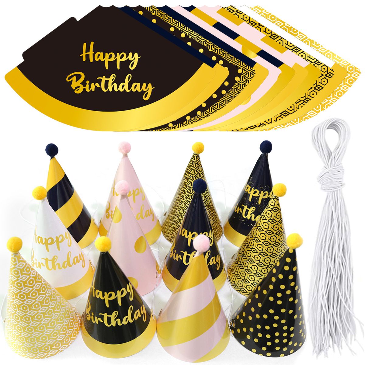 12-piece Kids Birthday Party Hats Set - Gold Pink and Black Paper Cone Hats with Pom Pom Tops, Fun Party Table Decorations, Celebration Accessories for Birthday Events and Themed Gatherings
