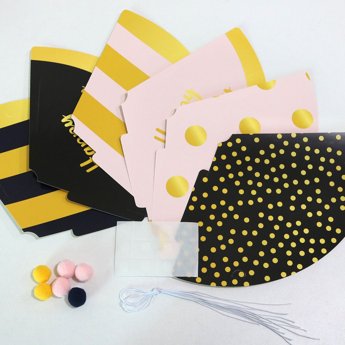 12-piece Kids Birthday Party Hats Set - Gold Pink and Black Paper Cone Hats with Pom Pom Tops, Fun Party Table Decorations, Celebration Accessories for Birthday Events and Themed Gatherings
