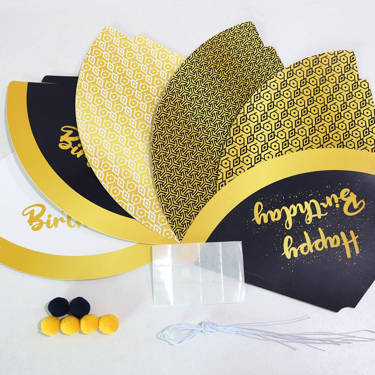 12-piece Kids Birthday Party Hats Set - Gold Pink and Black Paper Cone Hats with Pom Pom Tops, Fun Party Table Decorations, Celebration Accessories for Birthday Events and Themed Gatherings