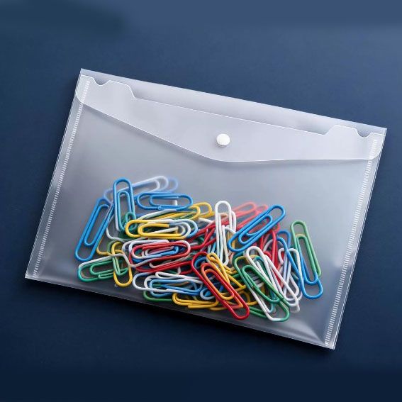 Heavy Duty A4 Transparent File Folder with Snap Closure &amp; Paper Clip Set - Durable 0.2mm Plastic Document Wallet, 28mm Decorative Office Stationery, Space Saving Organisation for Students &amp; Business