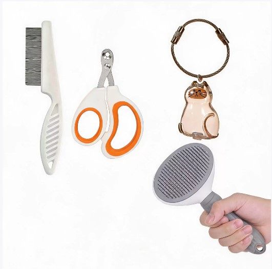 Siamese Cat Complete Cat Care Set - One-Touch Deshedding Brush, Stainless Steel Nail Clipper &amp; Fur Collection Locket