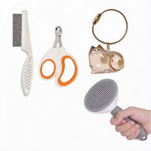 Calico cat Complete Cat Care Set - One-Touch Deshedding Brush, Stainless Steel Nail Clipper &amp; Fur Collection Locket
