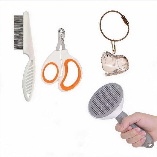 Silver Tiger Cat Complete Cat Care Set - One-Touch Deshedding Brush, Stainless Steel Nail Clipper &amp; Fur Collection Locket