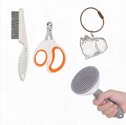 Transparent cat Complete Cat Care Set - One-Touch Deshedding Brush, Stainless Steel Nail Clipper &amp; Fur Collection Locket