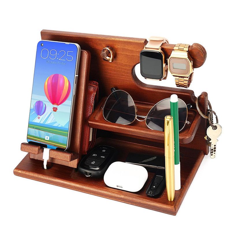 Multi-Functional Wooden Nightstand Organizer for Phone, Glasses, Wallet &amp; Keys - Natural Wood Desk Tidy with Pen Holder