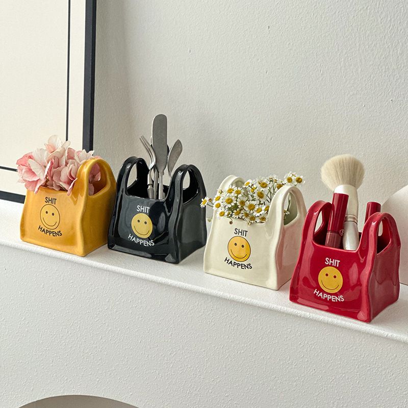 Yellow Ceramic Mini Tote Bag Pen Holder - Creative Desktop Storage Organizer for Makeup Brushes, Remote Controls and Stationery, Cute Smiley Decorative Container