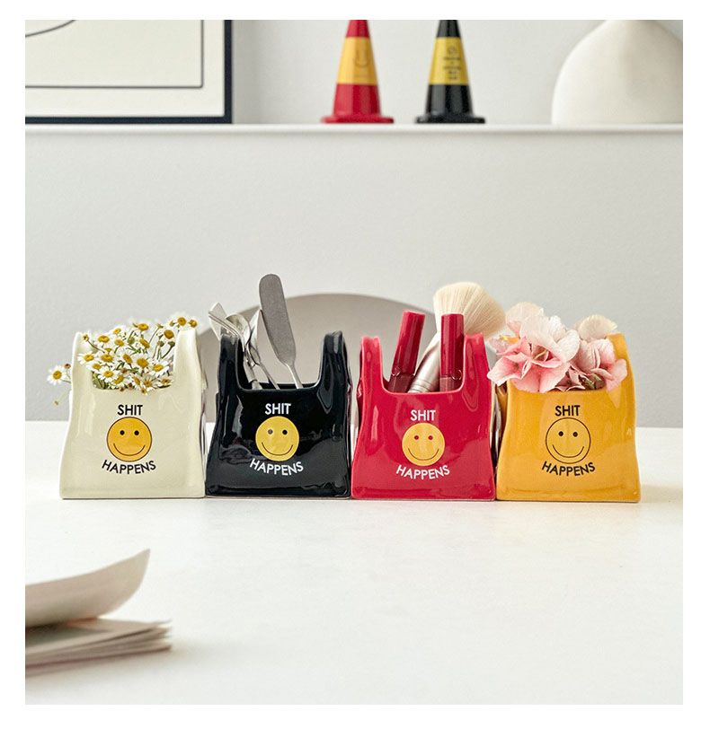Yellow Ceramic Mini Tote Bag Pen Holder - Creative Desktop Storage Organizer for Makeup Brushes, Remote Controls and Stationery, Cute Smiley Decorative Container