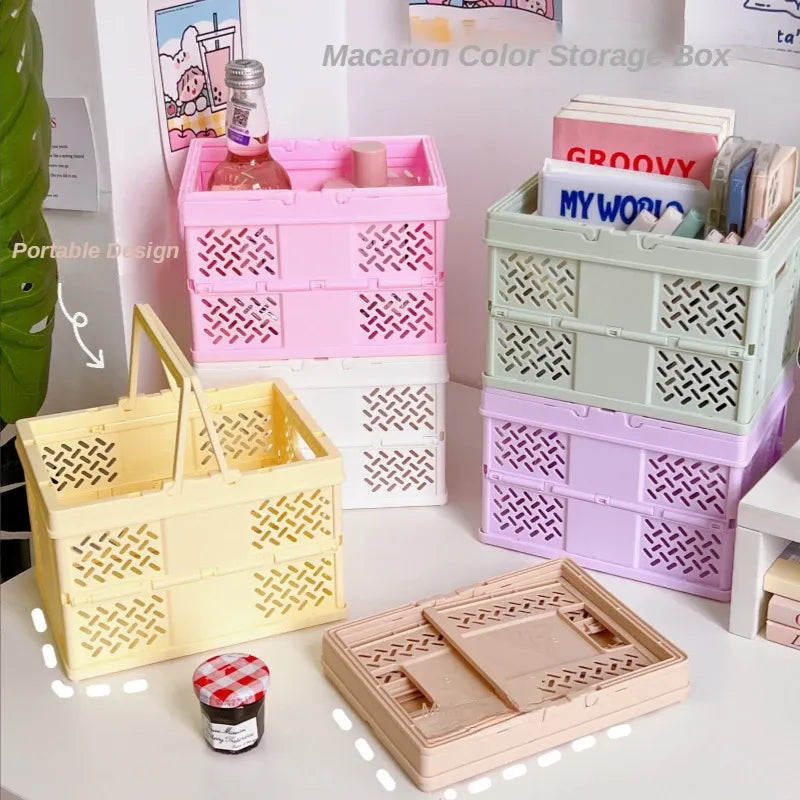 Yellow Foldable Storage Basket with Handles - Portable Multi Purpose Desktop Organiser Crate for Snacks, Kitchen Storage, Books and Household Essentials
