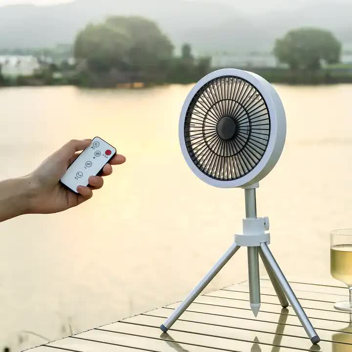 White Portable Outdoor Tripod Fan – USB Rechargeable Camping Fan with Remote Control, Folding &amp; Adjustable for Outdoor Activities and Travel