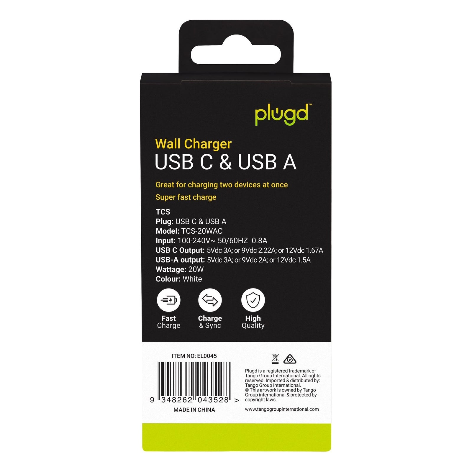 20W USB C & USB A QC3.0+PD Fast Charging Wall Charger