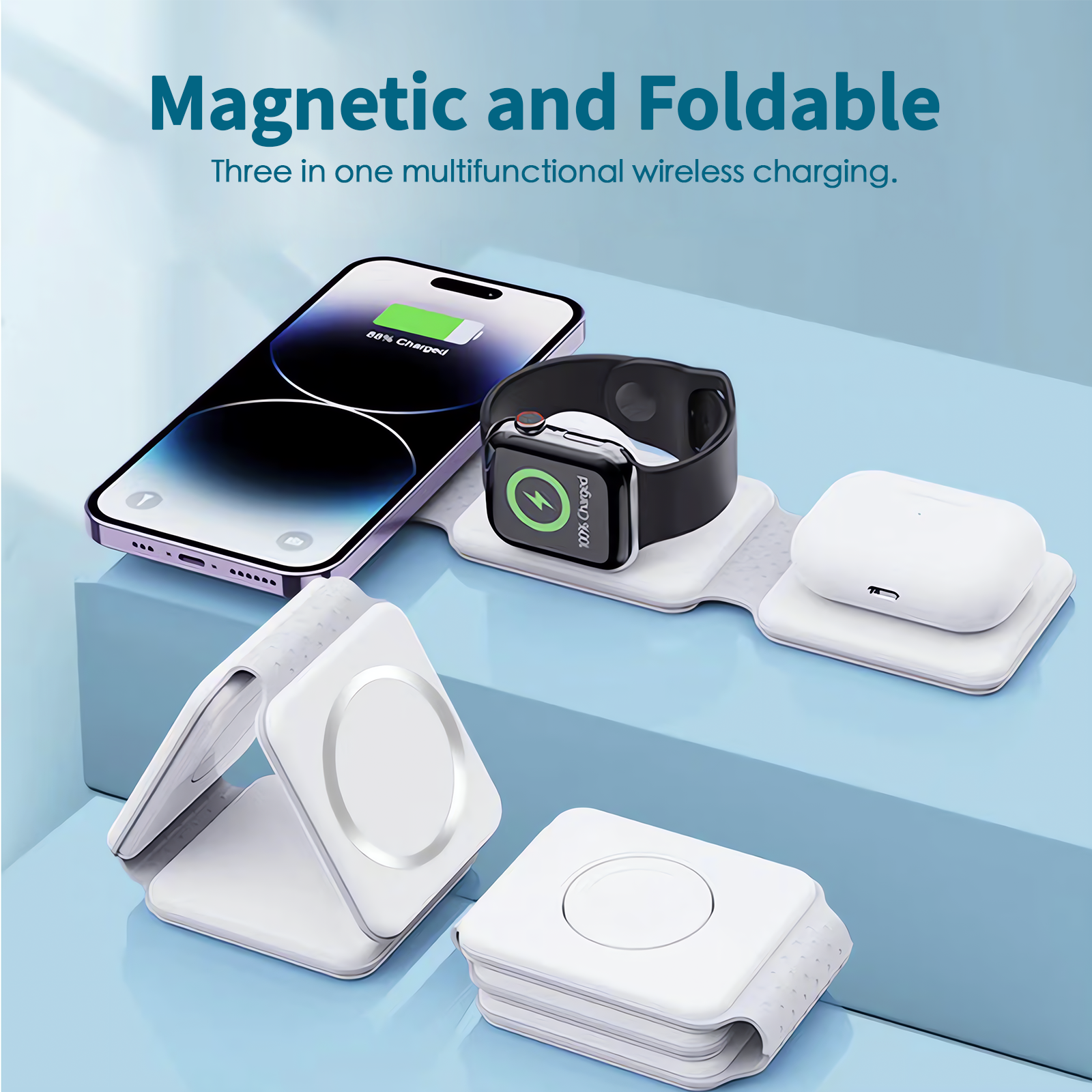 3 in 1 Wireless 15W Qi Fast Charging Foldable Station for Apple Mag Safe