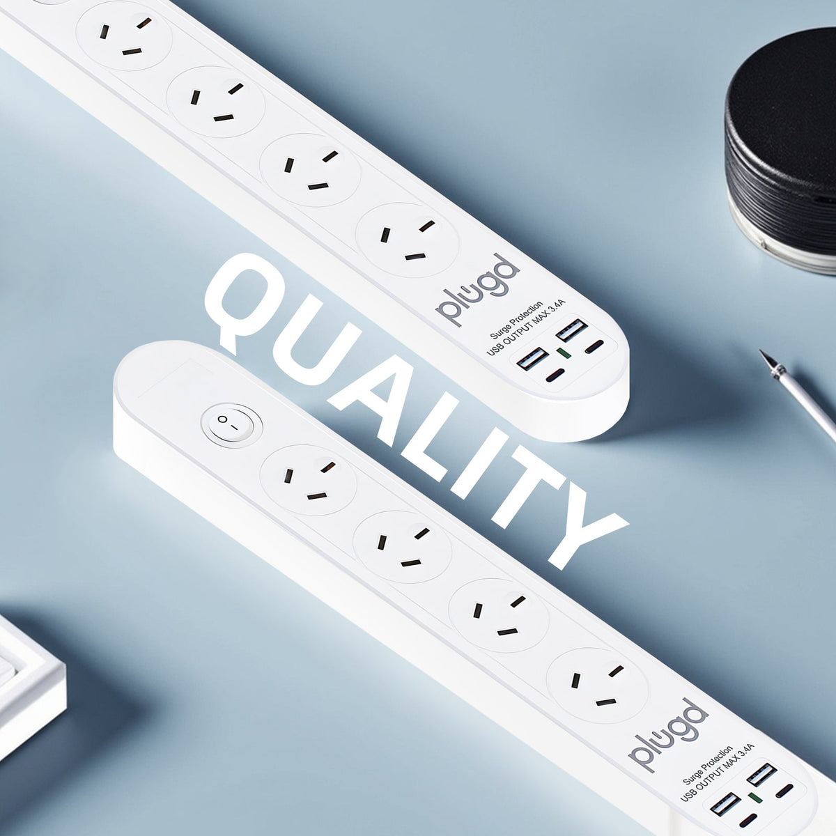 Plugd 2 USB A + 2 USB C 240V 10A Powerboard with Surge Protection