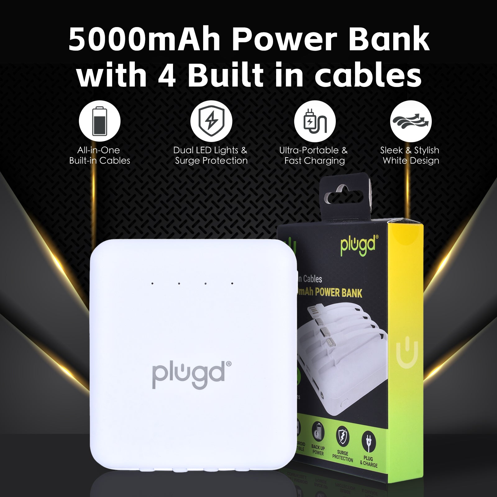 5000mAh Fast Charge Power Bank with 4 Built-in Cables and LED Lights