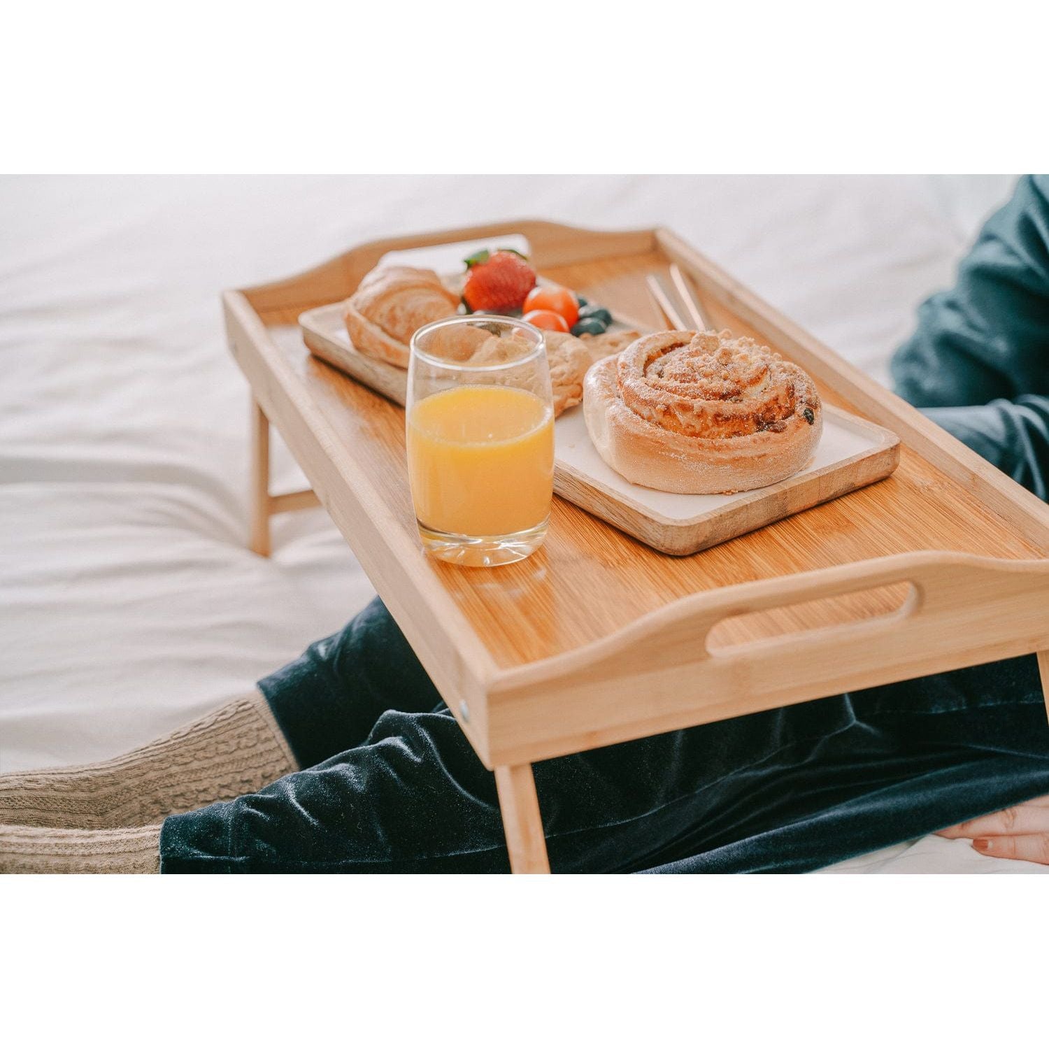 2 x Bamboo Bed Table Breakfast/Snack Serving Tray with Foldable Legs