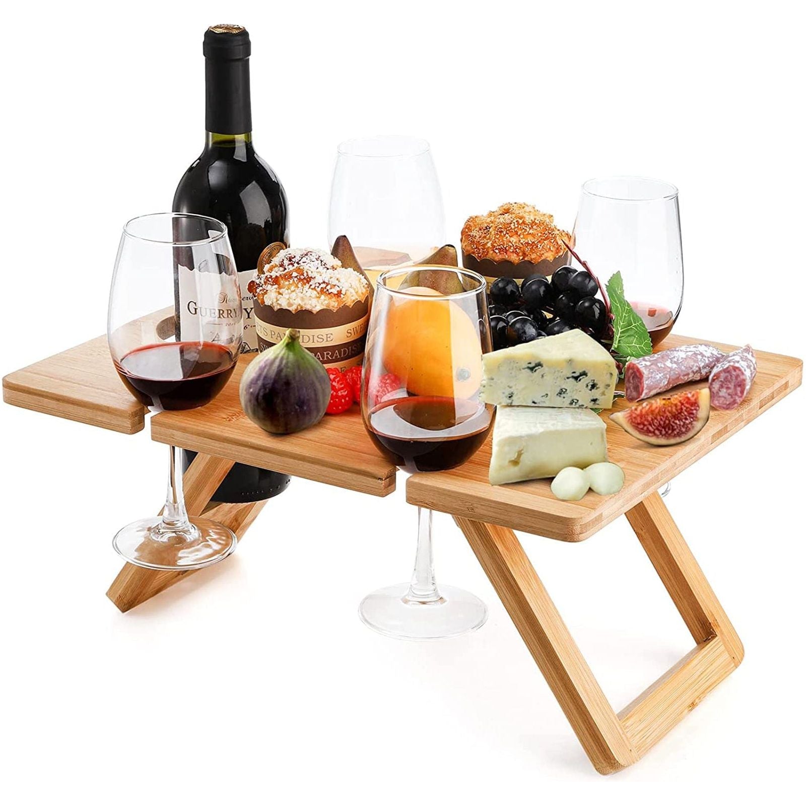 Bamboo Foldable Picnic Table Tray with Wine and Glass Holders
