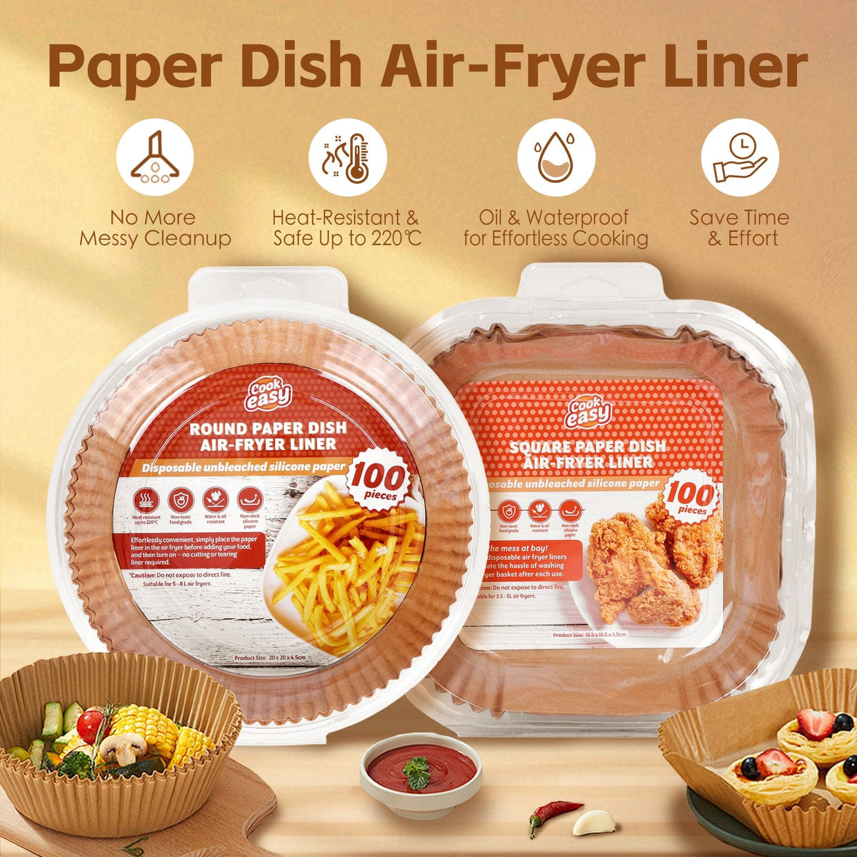 100 Pcs 20cm Round Disposable Unbleached Silicone Paper Dish Air-fryer Liner