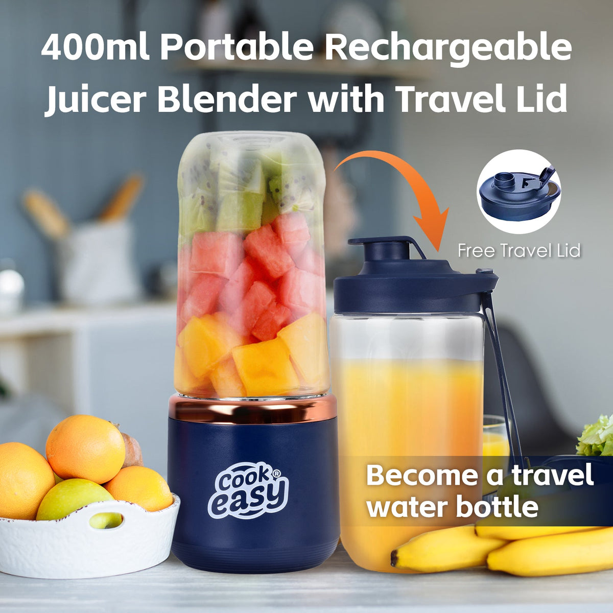 400ml USB-C Rechargeable Portable Juicer with Travel Lid – Personal Blender for Smoothies &amp; Shakes