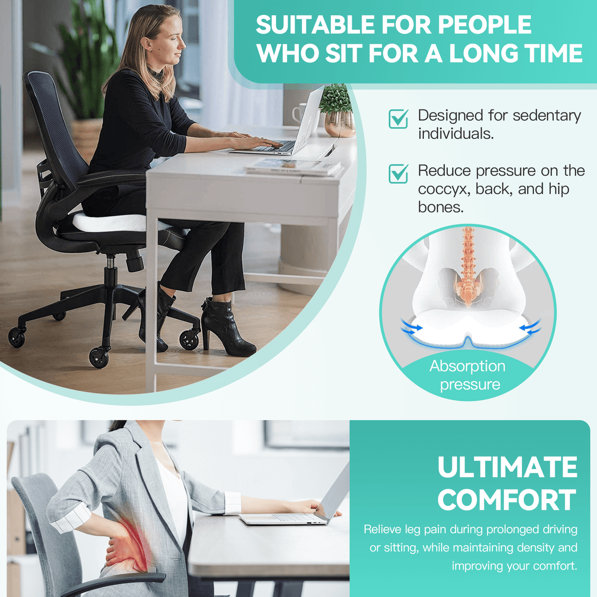 Memory Foam Lumbar Back Support Cushion Seat Set