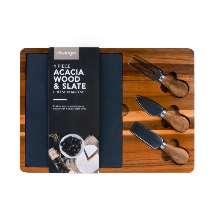 Clevinger 4 Piece Acacia Wood &amp; Slate Cheese Board With Knife Set