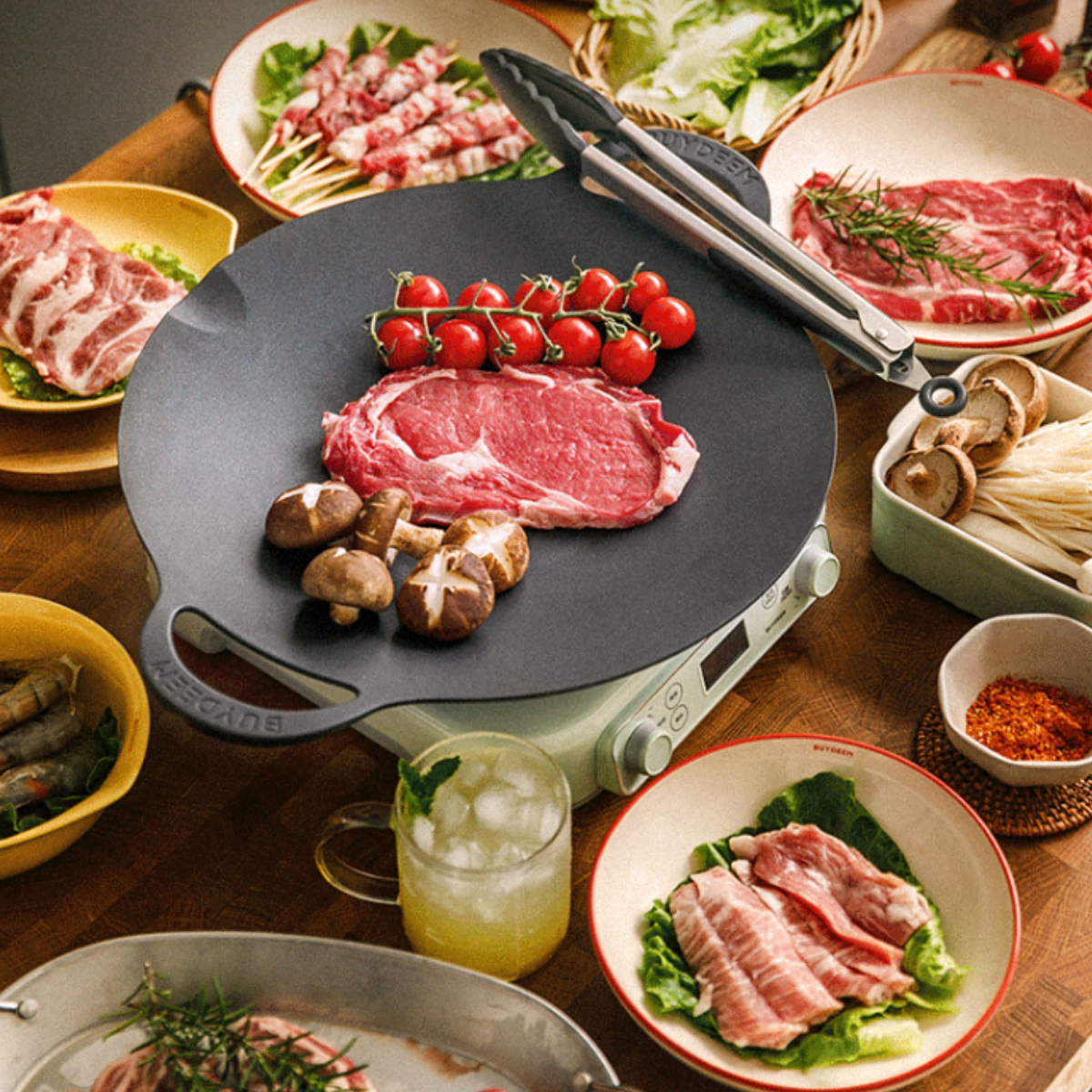 BUYDEEM Grill Pan Nonstick 36cm Round BBQ Griddle Indoor or Outdoor Cooking