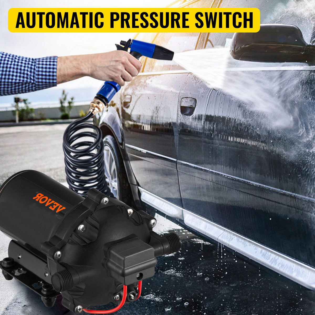 VEVOR RV Water Pump 5.3 GPM 5.5 Gallons Per Minute 12V Water Pump Automatic 70 PSI Diaphragm Pump with 25 Foot Coiled Hose Washdown Pumps for Boats Caravan Rv Marine Yacht