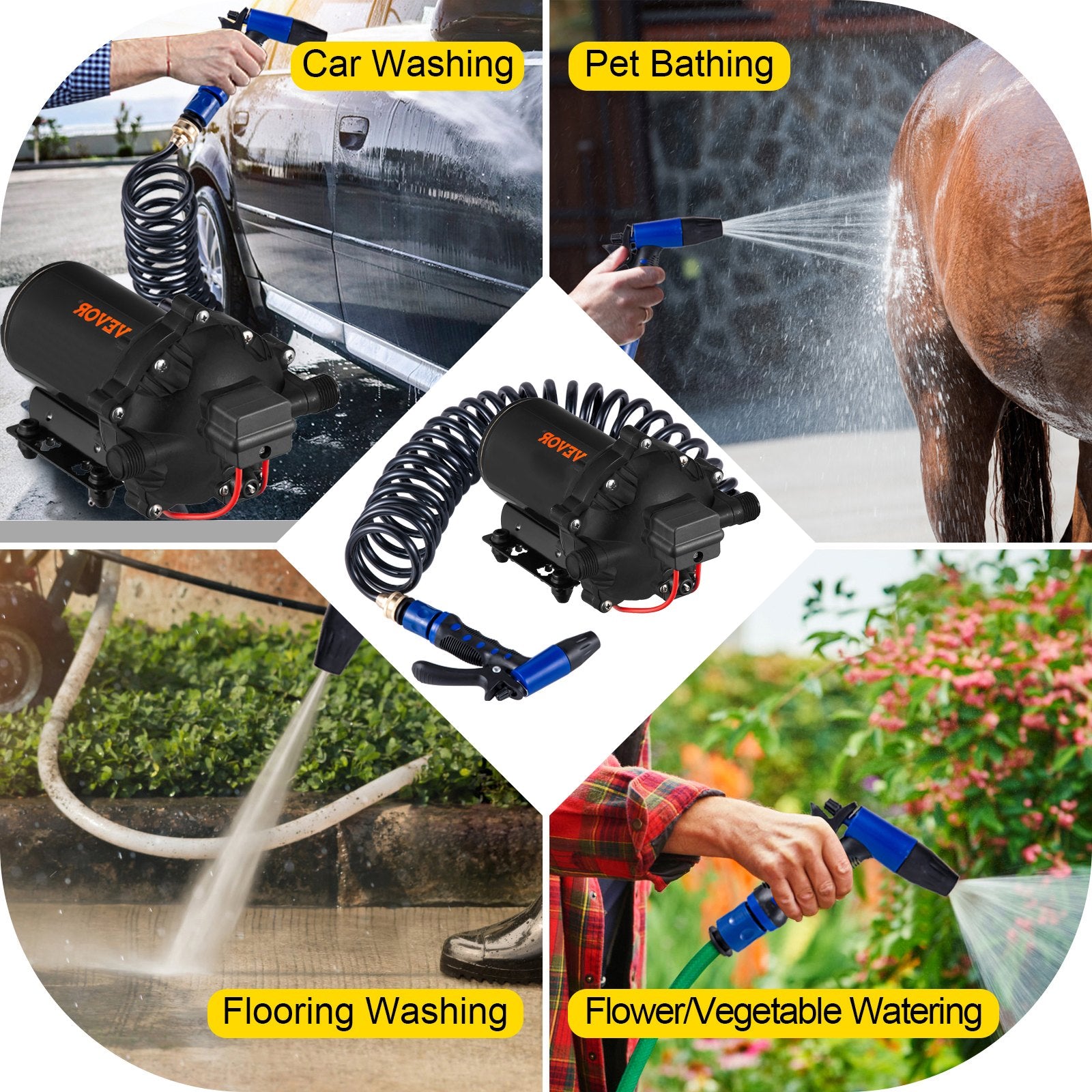 VEVOR RV Water Pump 5.3 GPM 5.5 Gallons Per Minute 12V Water Pump Automatic 70 PSI Diaphragm Pump with 25 Foot Coiled Hose Washdown Pumps for Boats Caravan Rv Marine Yacht