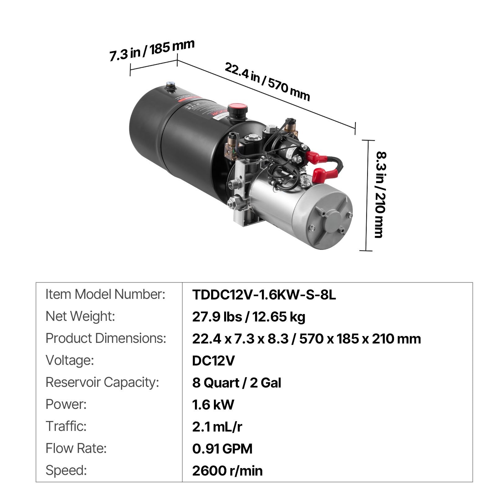VEVOR 8 L Hydraulic Power Unit, Double Acting Dump Trailer Pump, 22 MPa Max Relief Pressure & 3.4 L/min Flow Rate, DC 12V Hydraulic Pump with Metal Reservoir for Dump Trailer Car Lifting