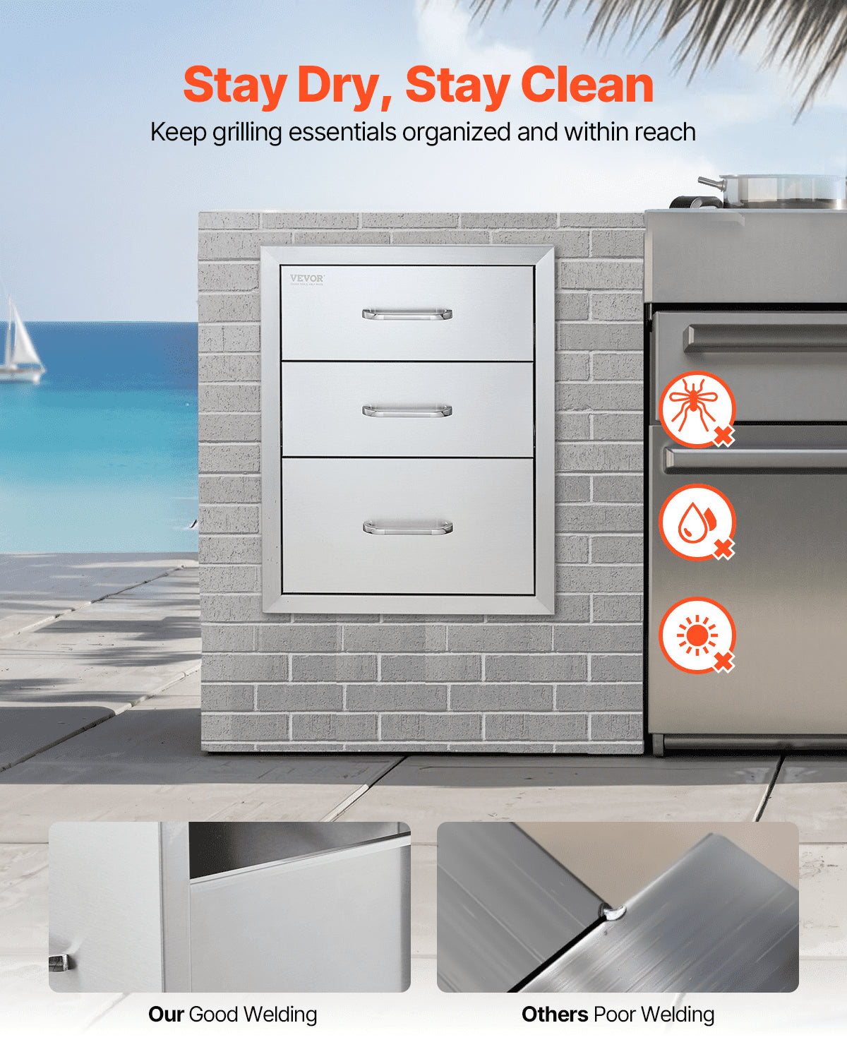 18x23 Inch Outdoor Kitchen Stainless Steel Triple Access BBQ Drawers with Chrome Handle, 18 x23 x 23 Inch