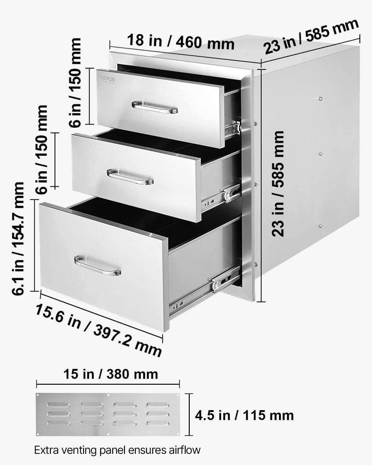 18x23 Inch Outdoor Kitchen Stainless Steel Triple Access BBQ Drawers with Chrome Handle, 18 x23 x 23 Inch