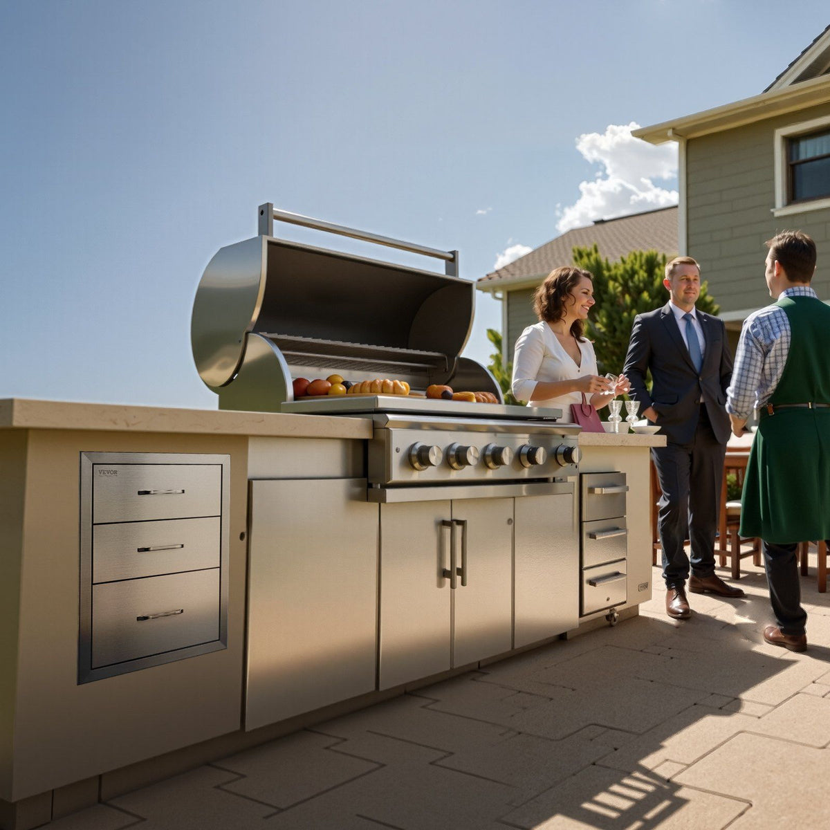 18x23 Inch Outdoor Kitchen Stainless Steel Triple Access BBQ Drawers with Chrome Handle, 18 x23 x 23 Inch