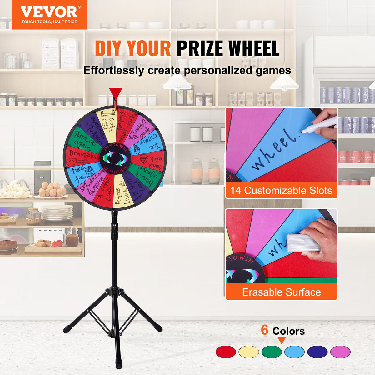 Vevor 18 Inch Tabletop Color Prize Wheel with Folding Tripod Floor Stand 14 Slots Dry Erase