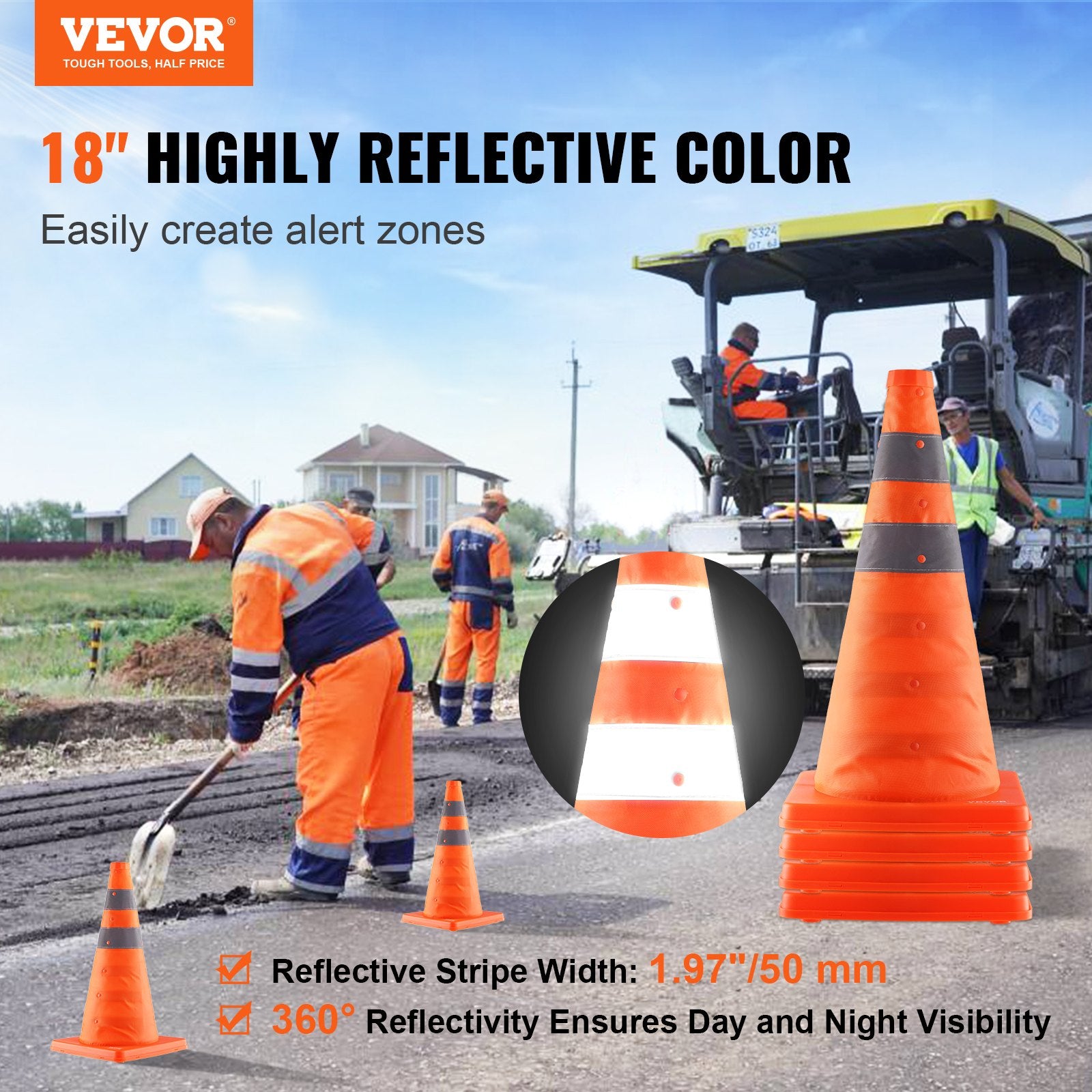 VEVOR Safety Cones, 4 Pack 18 inch Collapsible Traffic Cones, Construction Cones with Reflective Collars, Wide Base and A Storage Bag, for Traffic Control, Driving Training, Parking Lots