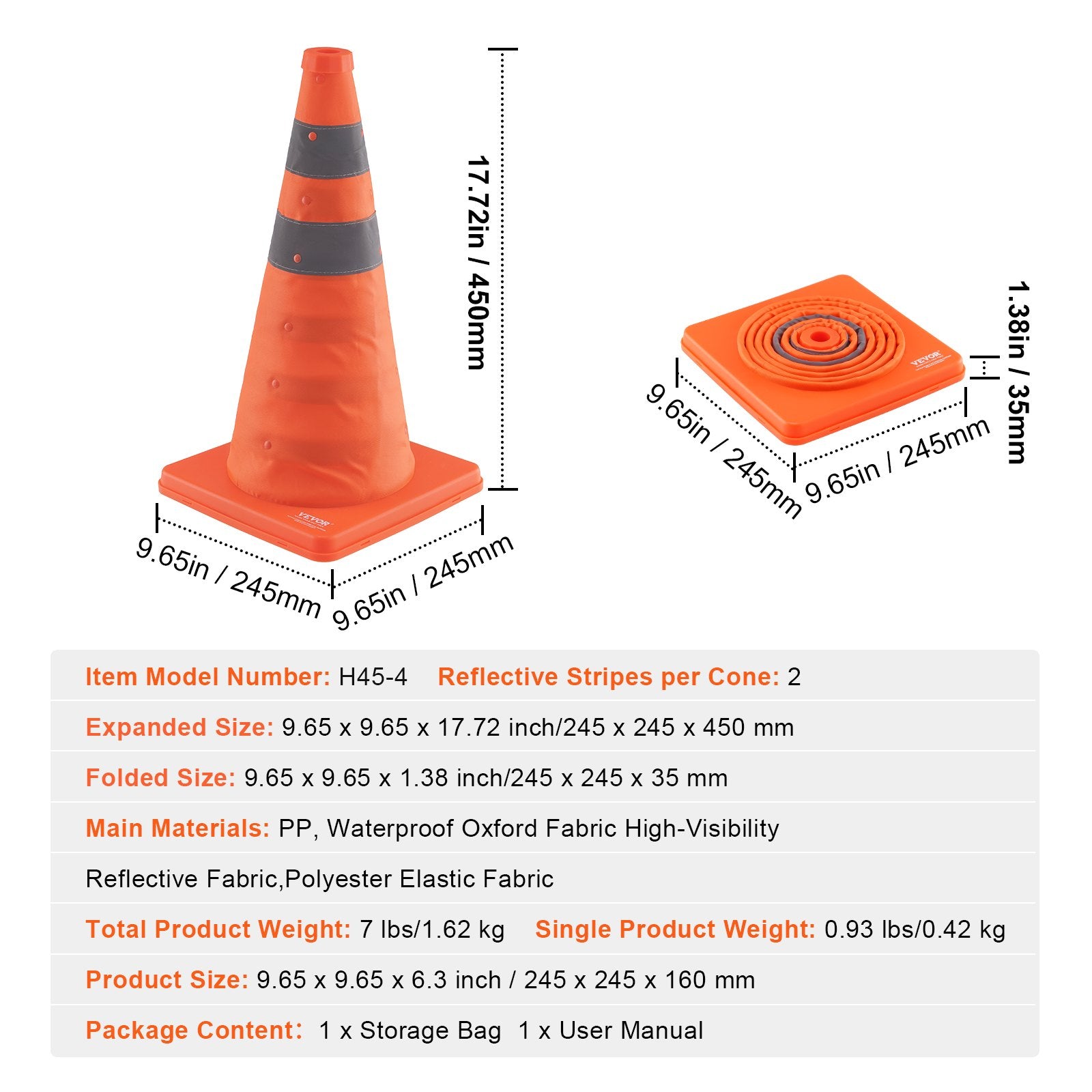 VEVOR Safety Cones, 4 Pack 18 inch Collapsible Traffic Cones, Construction Cones with Reflective Collars, Wide Base and A Storage Bag, for Traffic Control, Driving Training, Parking Lots