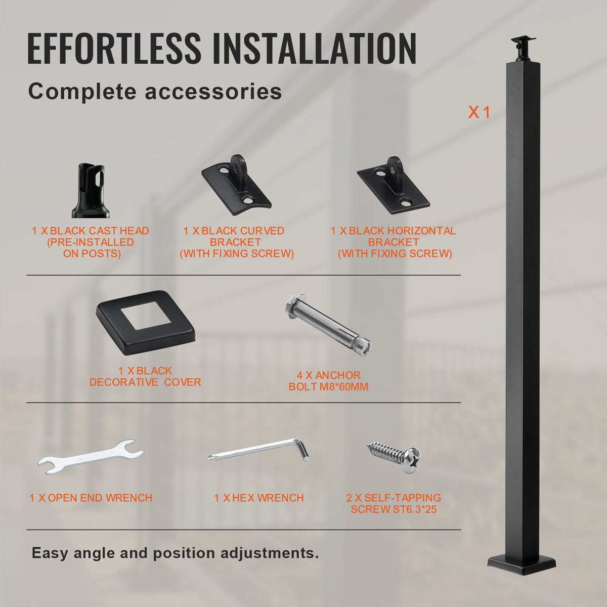 Cable Railing Post, 36" x 2" x 2" Steel Level Deck Railing Post Without Holes, SUS304 Stainless Steel Cable Rail Post, Stair Handrail Post with Horizontal and Curved Bracket, 1-Pack, Black