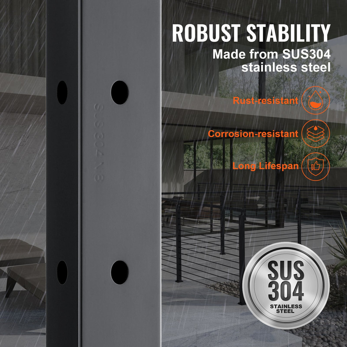 VEVOR Cable Railing Post, 42" x 1" x 2" Steel L-Shaped Hole Corner Railing Post, 12 Pre-Drilled Holes, SUS304 Stainless Steel Cable Rail Post with Horizontal and Curved Bracket, 1-Pack, Black, 106.7*2.5*5 cm