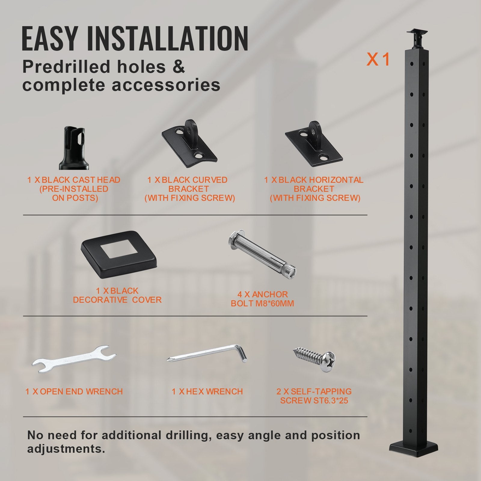 VEVOR Cable Railing Post, 42" x 1" x 2" Steel L-Shaped Hole Corner Railing Post, 12 Pre-Drilled Holes, SUS304 Stainless Steel Cable Rail Post with Horizontal and Curved Bracket, 1-Pack, Black, 106.7*2.5*5 cm