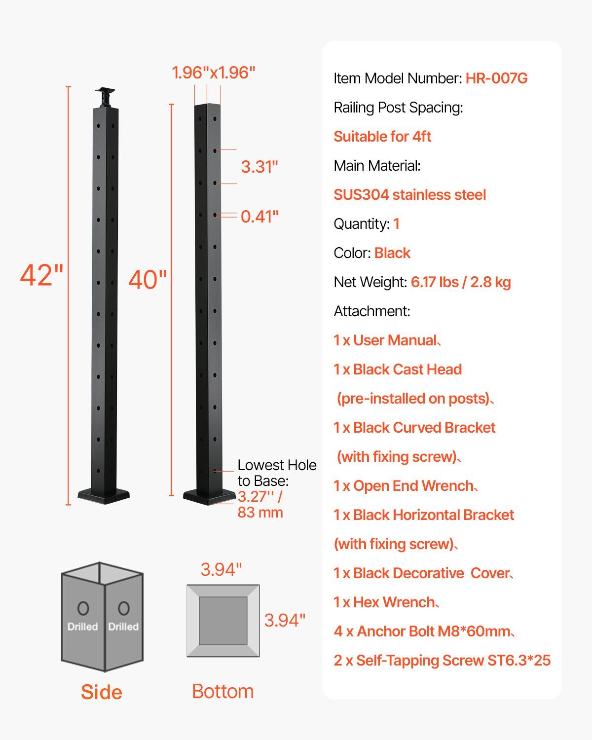 Cable Railing Post, 106.7x5x5cm Corner Railing Post, with L-Shaped Pre-Drilled Holes, Stainless Steel Cable Rail Post with Horizontal and Curved Bracket, 1-Pack, Black, 1JZLGZXHS1065S1EW001V0