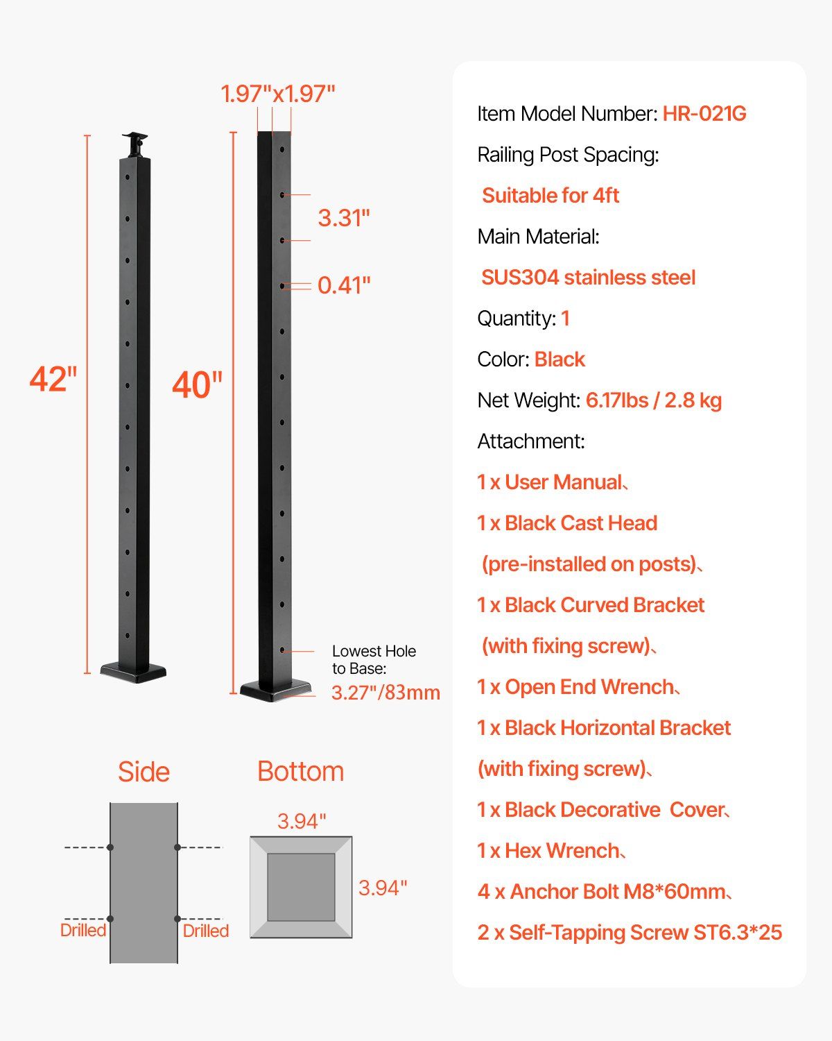 Cable Railing Post, 106.7x5x5cm Level Deck Stair Posts, 1-Pack Stainless Steel Cable Handrail Post, Pre-Drilled Pickets with Mounting Bracket Stair Railing Kit, Black, 1JZLGZXHS106AWJO6001V0