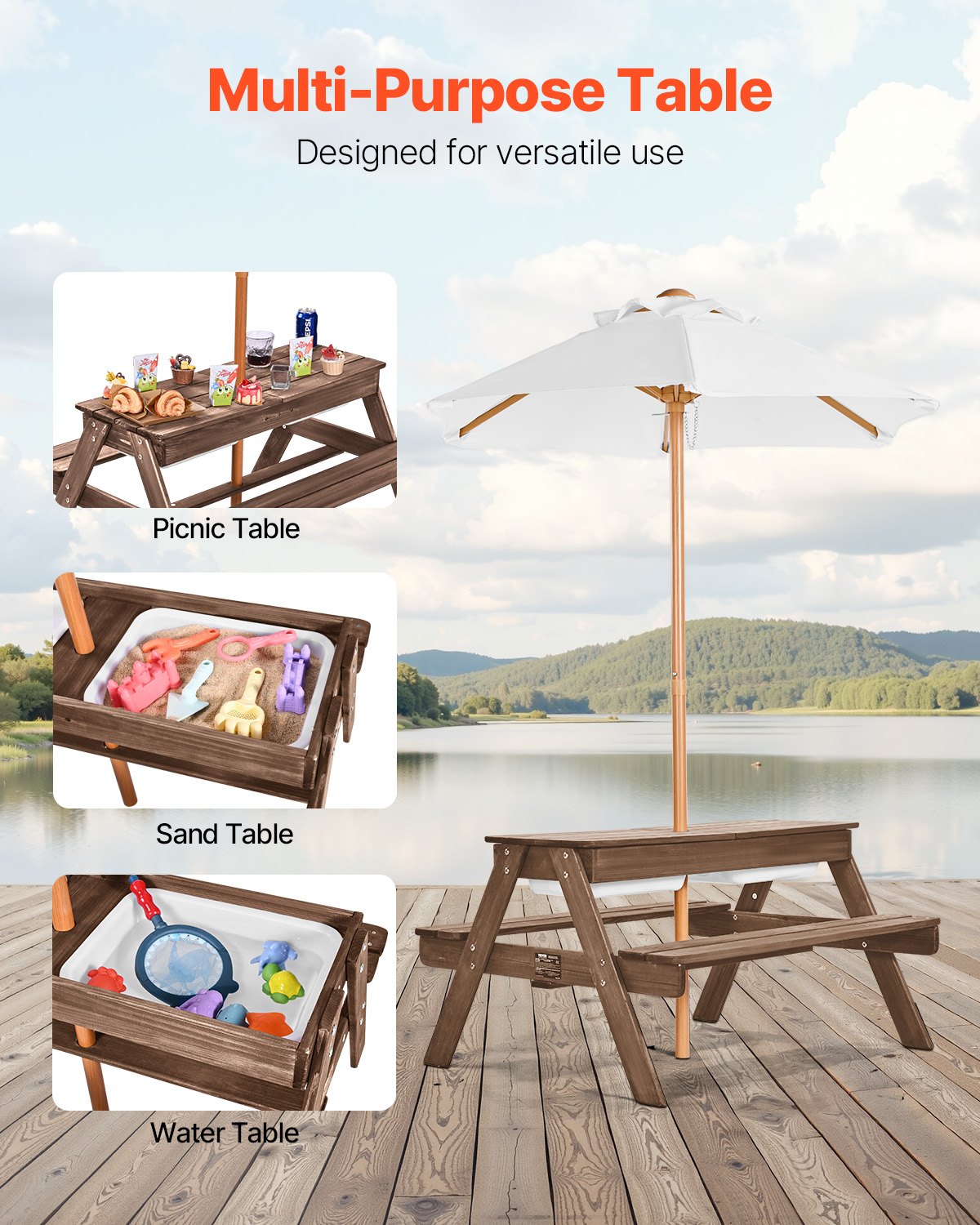 VEVOR Picnic Table Wooden Tables and Bench Set Umbrella Garden Indoor Outdoor