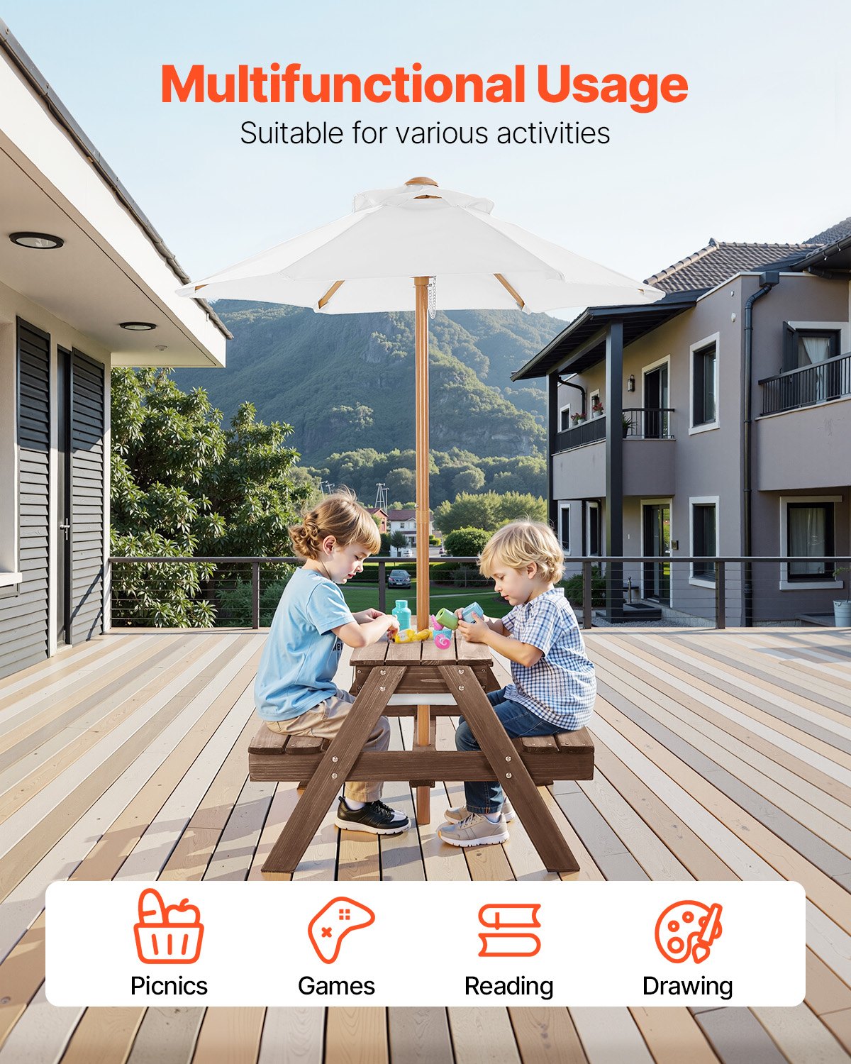 VEVOR Picnic Table Wooden Tables and Bench Set Umbrella Garden Indoor Outdoor