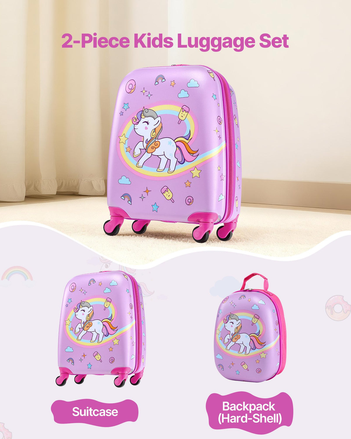 VEVOR Kids Luggage Set, 2 Piece, 45.7 cm Hardside Rolling Wheels Suitcase with Hard-Shell Backpack, Unicorn Kids Carry on Luggage Set, Holiday Birthday Present for Girls & Boys, Airline Approved