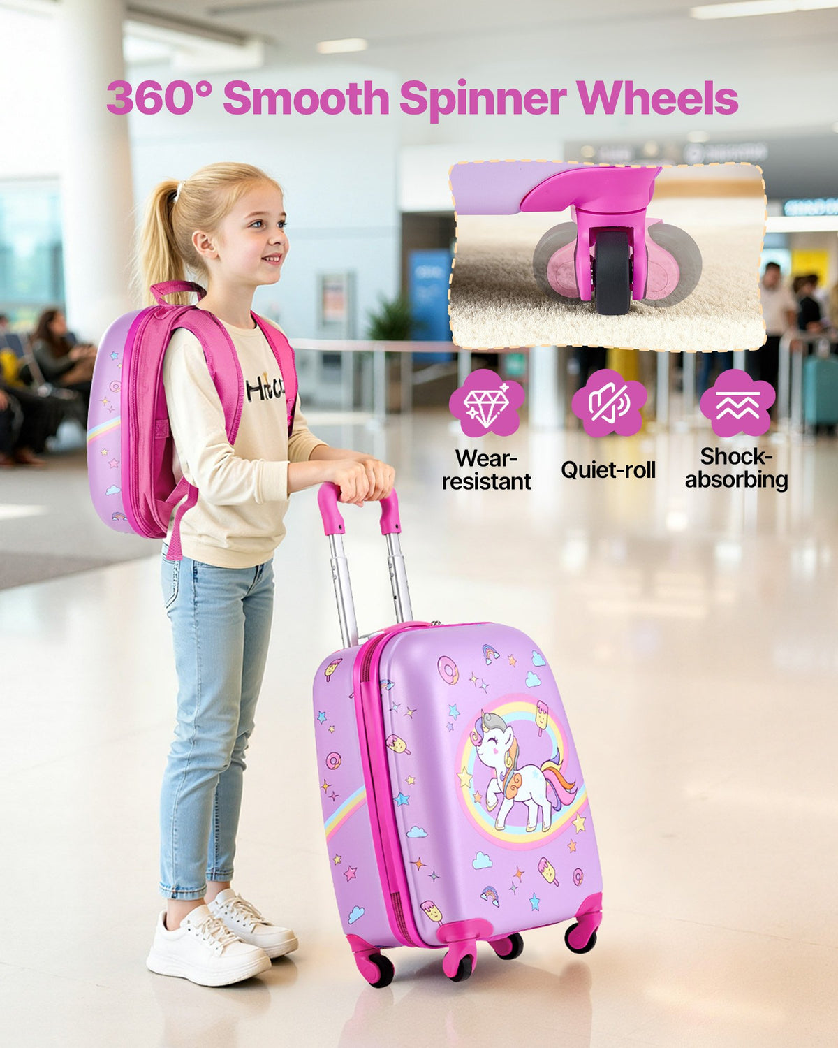 VEVOR Kids Luggage Set, 2 Piece, 45.7 cm Hardside Rolling Wheels Suitcase with Hard-Shell Backpack, Unicorn Kids Carry on Luggage Set, Holiday Birthday Present for Girls & Boys, Airline Approved