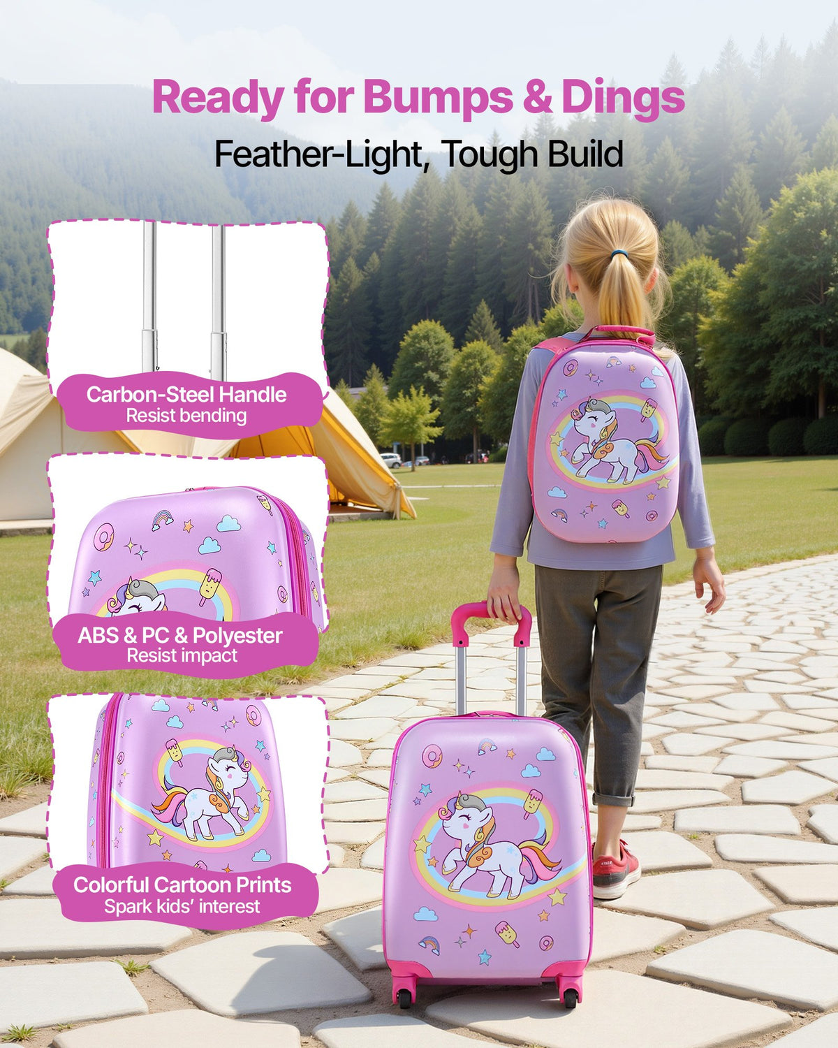 VEVOR Kids Luggage Set, 2 Piece, 45.7 cm Hardside Rolling Wheels Suitcase with Hard-Shell Backpack, Unicorn Kids Carry on Luggage Set, Holiday Birthday Present for Girls & Boys, Airline Approved