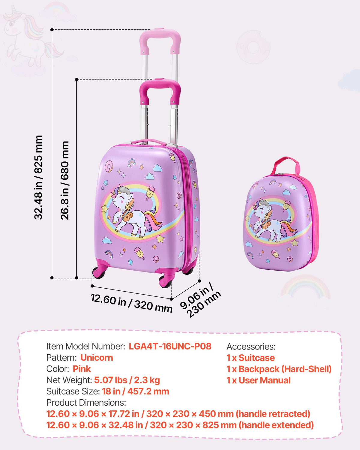 VEVOR Kids Luggage Set, 2 Piece, 45.7 cm Hardside Rolling Wheels Suitcase with Hard-Shell Backpack, Unicorn Kids Carry on Luggage Set, Holiday Birthday Present for Girls & Boys, Airline Approved