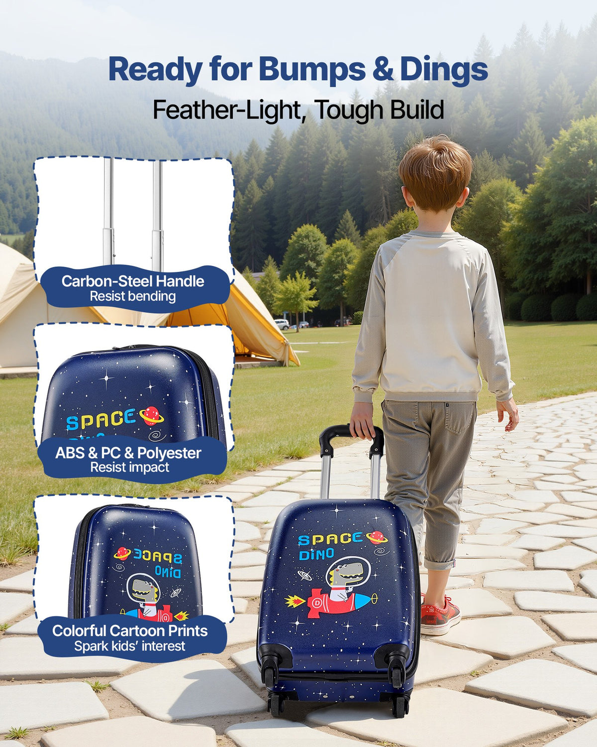 VEVOR Kids Luggage Set, 2 Piece, 45.7 cm Hardside Rolling Wheels Suitcase with Hard-Shell Backpack, Dinosaur Kids Carry on Luggage Set, Holiday Birthday Present for Girls & Boys, Airline Approved